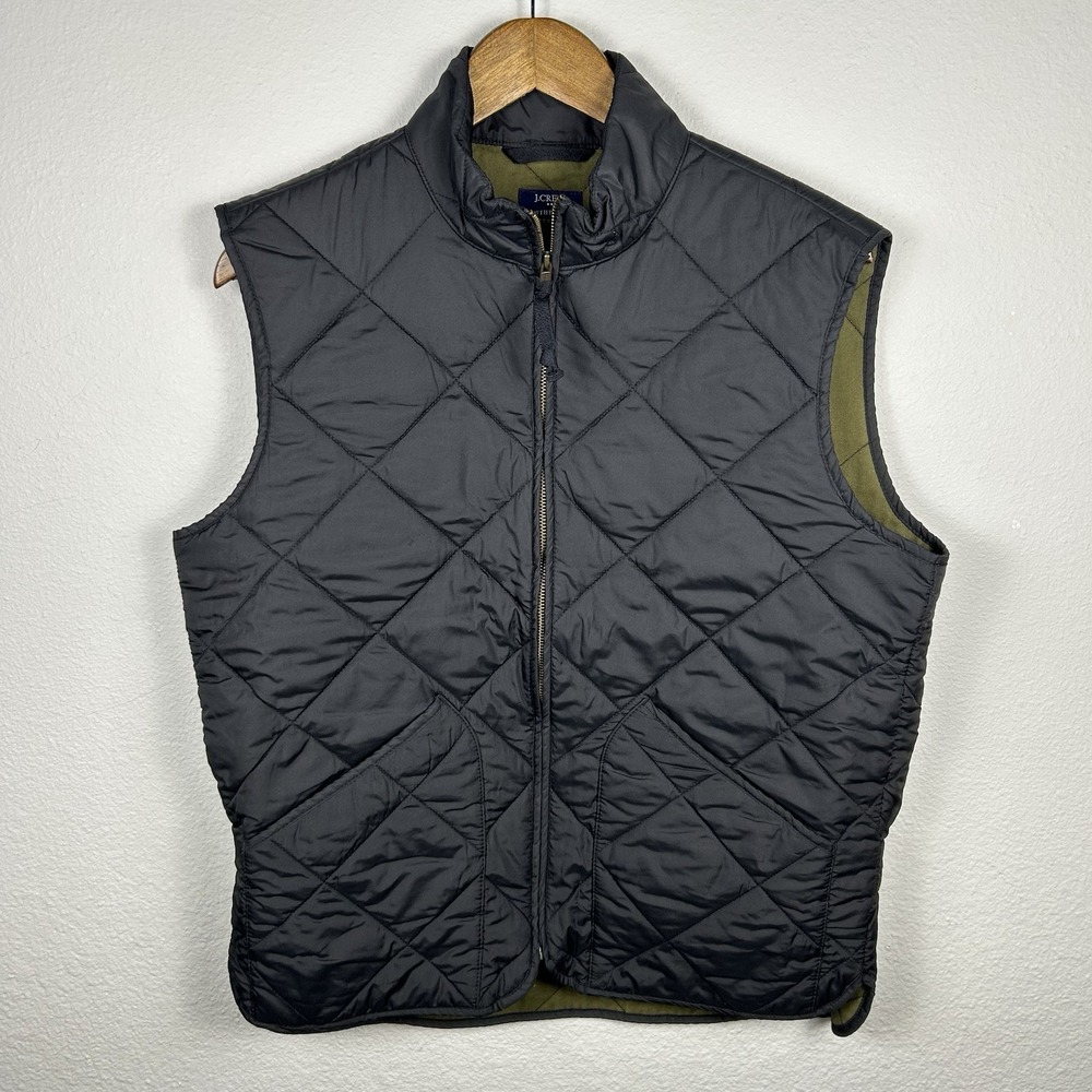 J Crew Vest Mens Medium Quilted Diamond Full Zip Lightweight Black Preppy Fall